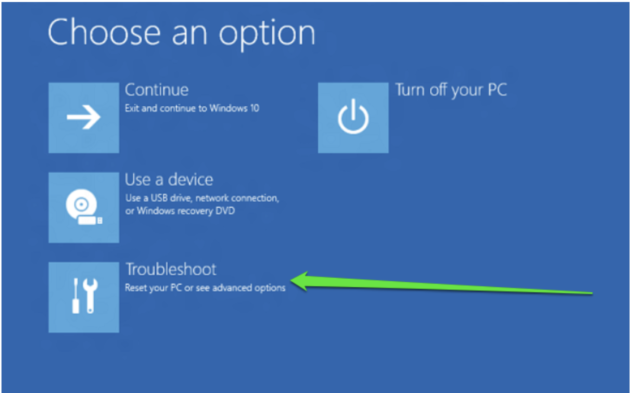 Click Troubleshoot in the Choose an option screen